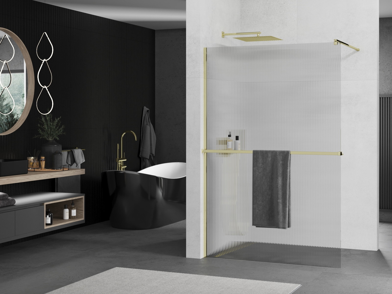Mexen Kioto+ ścianka prysznicowa z półką Walk-in 130 x 200 cm, prążki, złota - 800-130-121-50-09